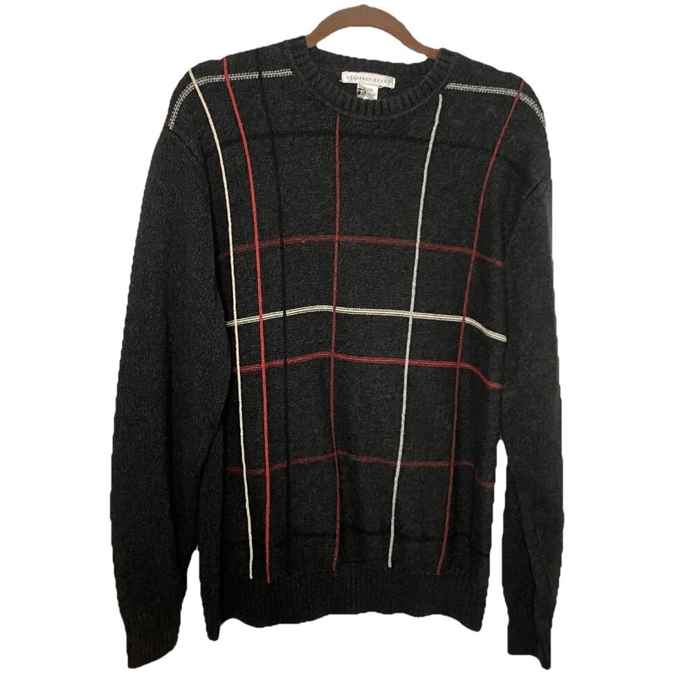 Vintage Geoffrey Beene Sweater Mens XL Grandpa Cotton Grid Check Pullover